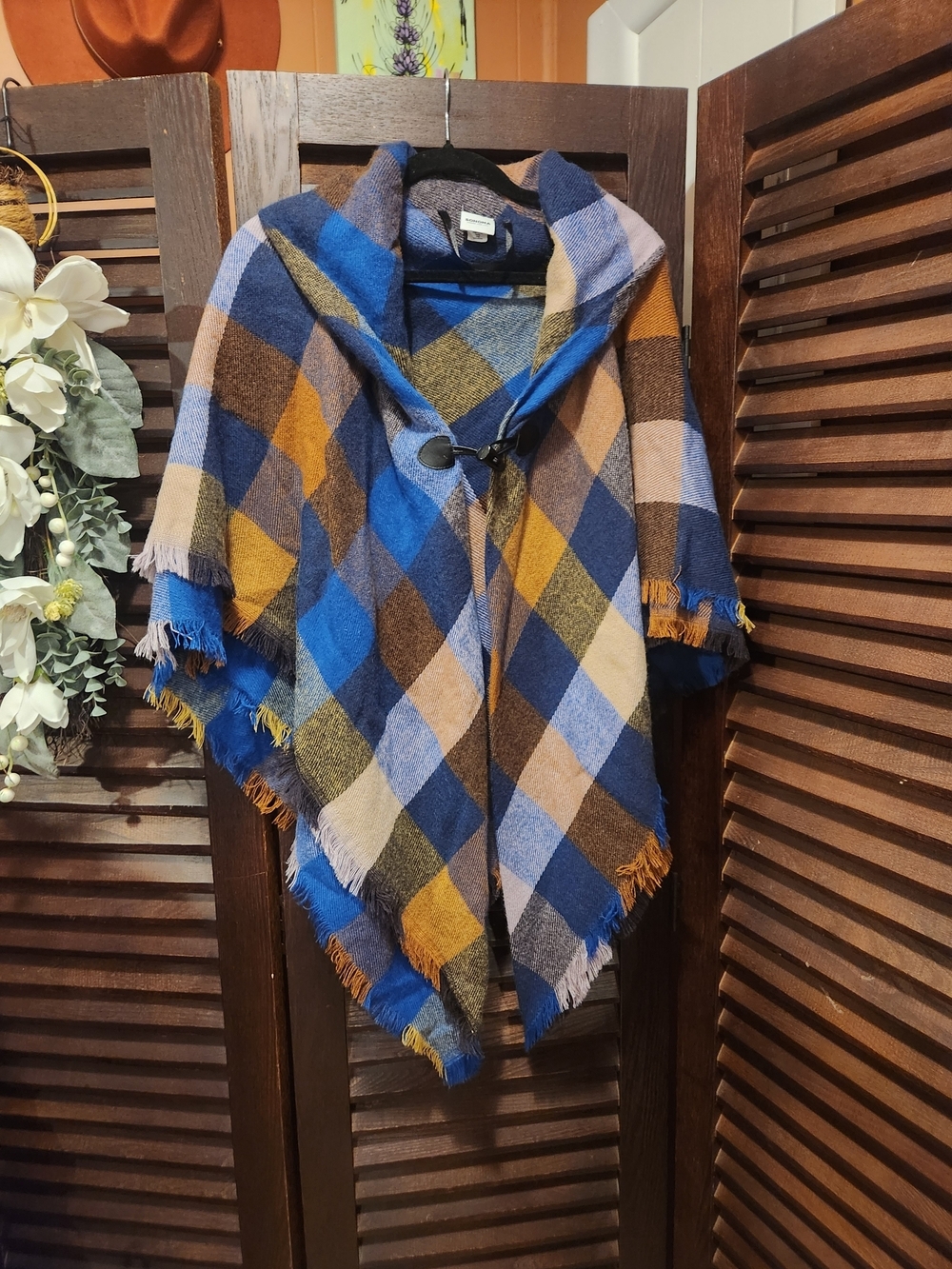 Plaid Hooded Poncho with Toggle Closure - Blue, Mustard, Brown